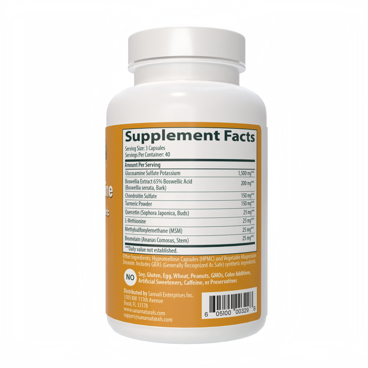 Glucosamine Supplement packaging side view directions and ingredient list Sanar Naturals