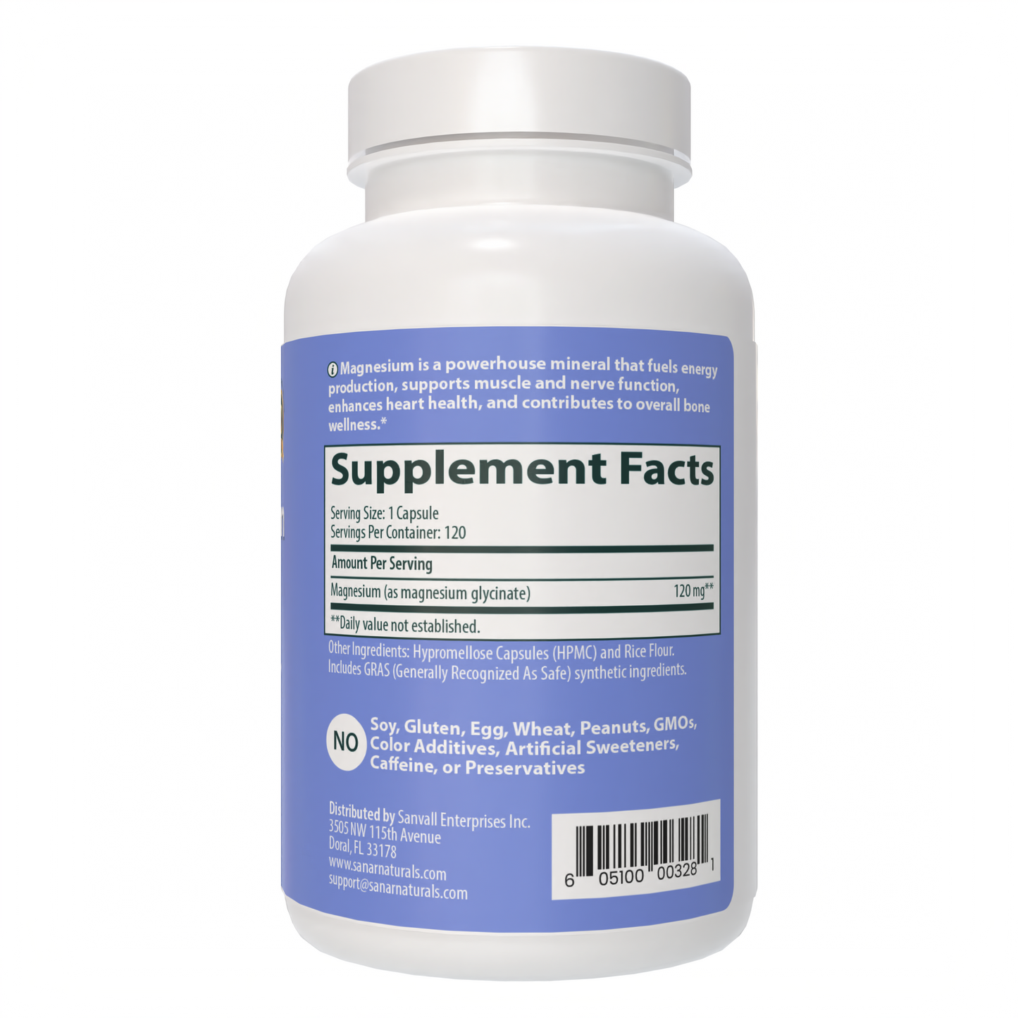 Magnesium Glycinate 120 capsules back label directions and ingredient list Sanar Naturals
