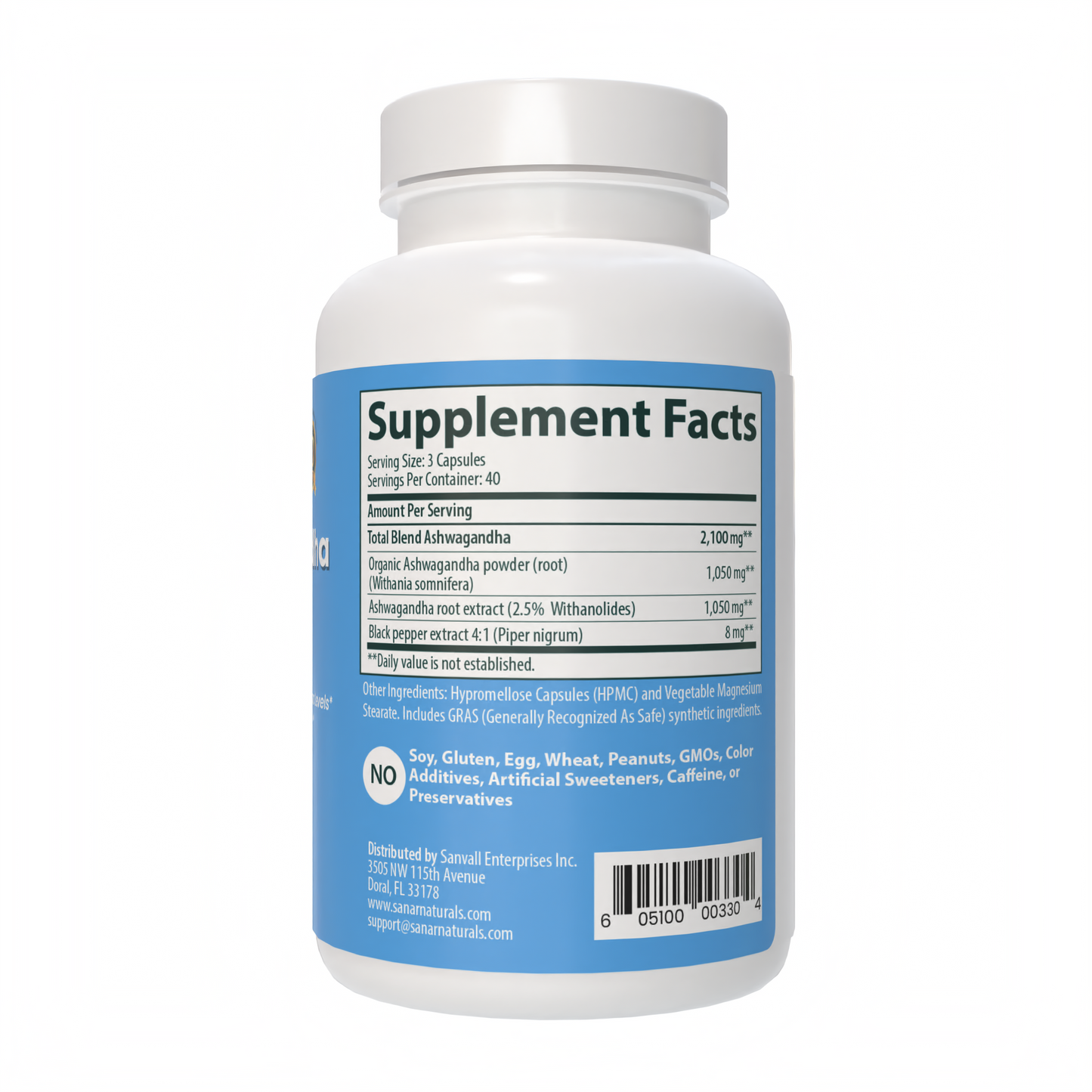 Ashwagandha 120 capsules back label full ingredient list and supplement facts