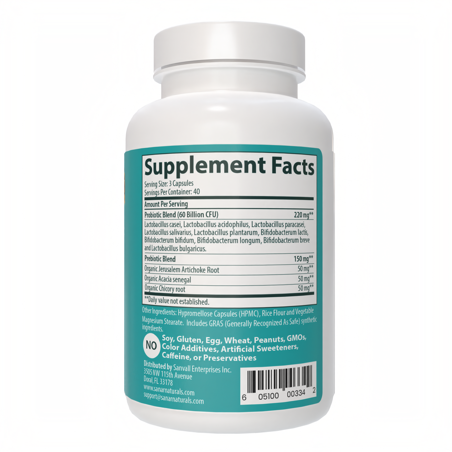 Probiotic 120 capsules back label ingredient list and directions Sanar Naturals