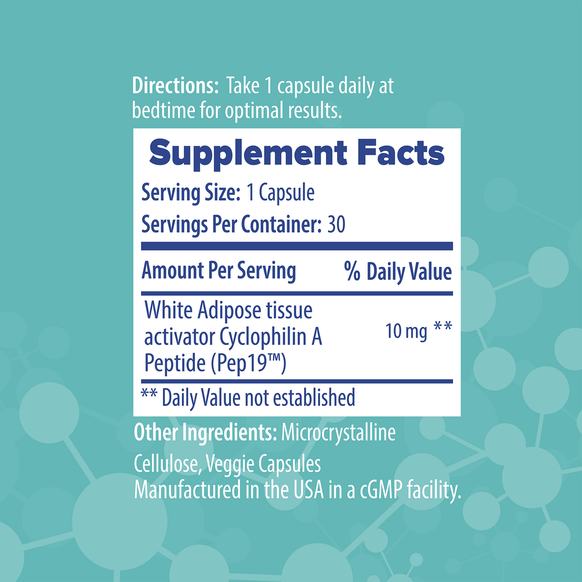 PEP19 Metabolic Health supplement facts 10mg serving size vegan cGMP third party tested