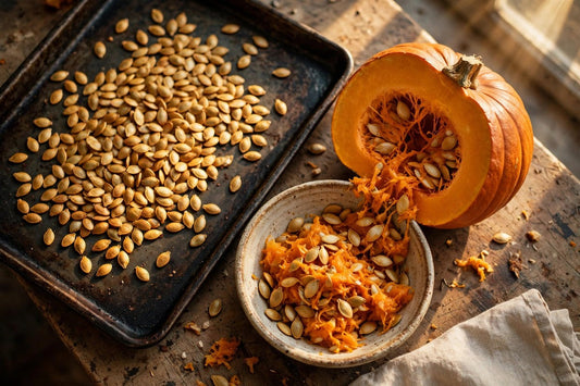 Roasted pumpkin seeds spread on a baking sheet next to a halved fresh pumpkin in warm daylight