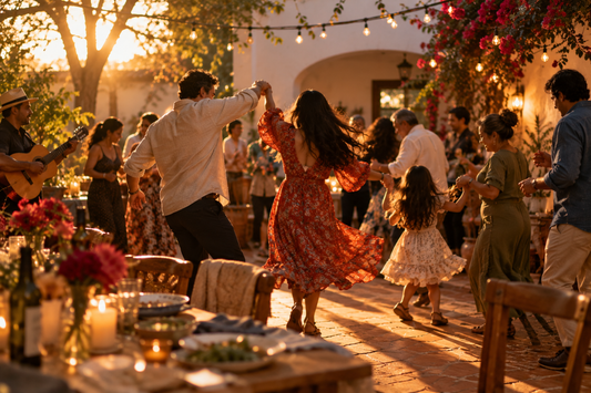Family celebration dance floor at golden hour, candid silhouettes dancing together