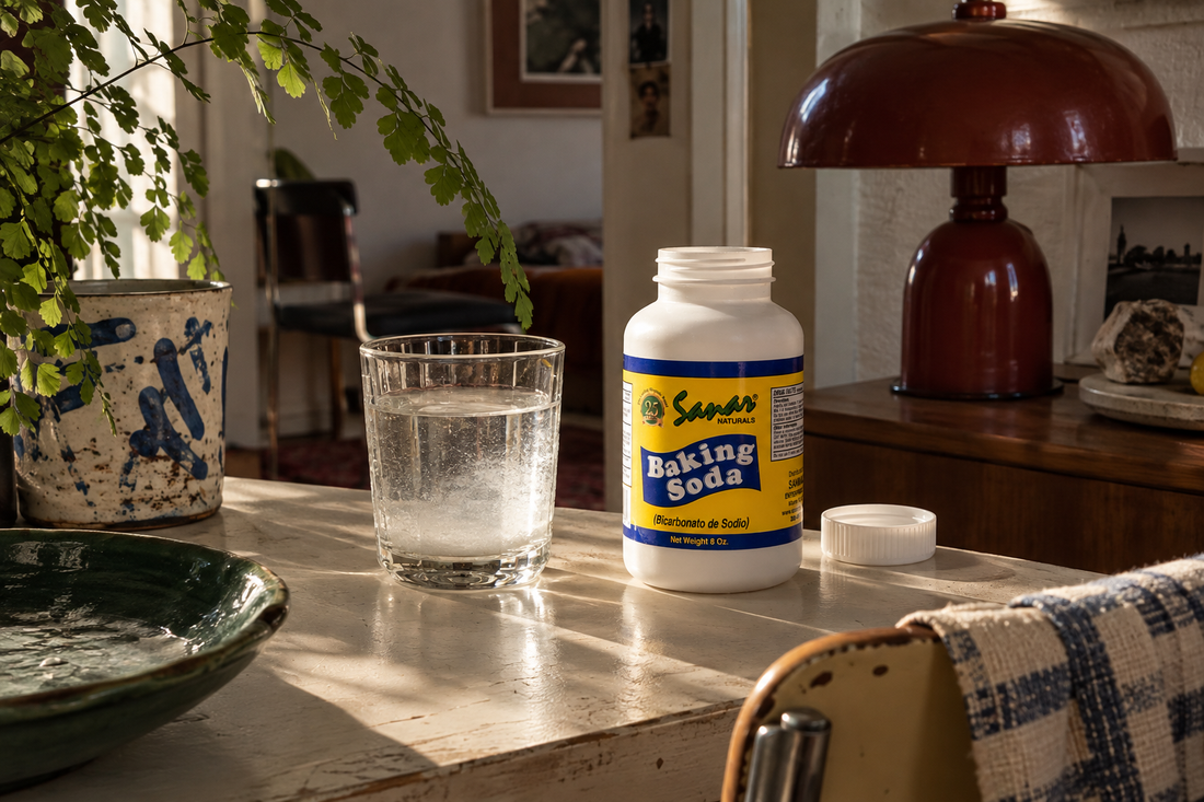 Glass of water with baking soda stirred in on a warm, sunlit kitchen counter