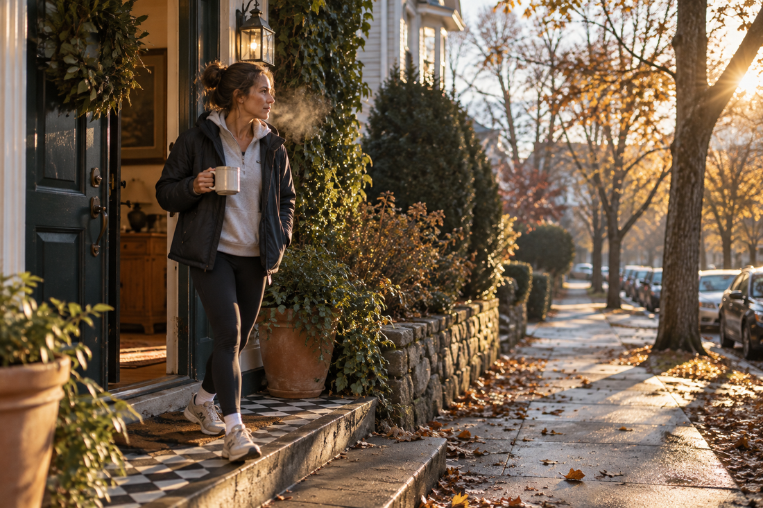 Woman in athletic layers stepping outside for a brisk morning walk in cool autumn light, holding a warm mug