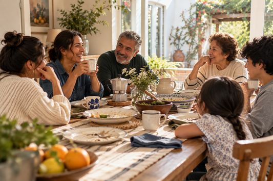 Multigenerational Latino family lingering at the dining table after a meal, warm conversation and coffee
