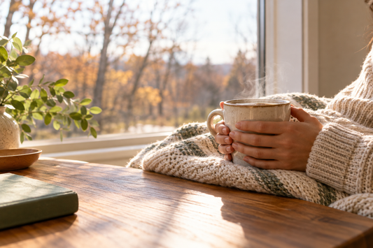 Hands wrapped around a warm mug on a cozy blanket by a window, representing a simple cold weather joint care routine