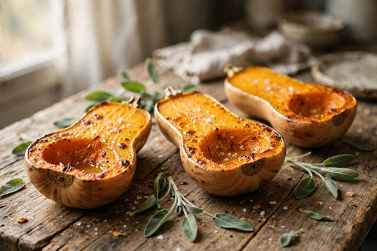 Halved roasted butternut squash with golden edges on a rustic wooden table in bright natural daylight