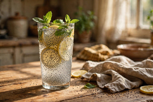 Tall glass of chia seed water with lemon slices and fresh mint on a sunlit kitchen table