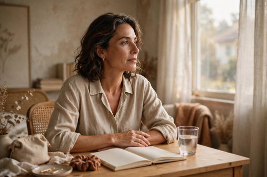 Woman in her early 40s at a sunlit vanity table with a journal and glass of water