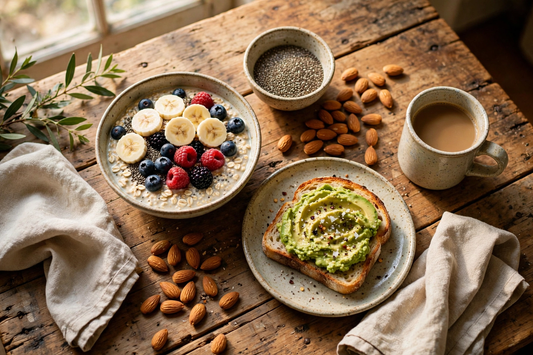 Overnight oats topped with berries, chia seeds, avocado toast, and almonds on a farmhouse table