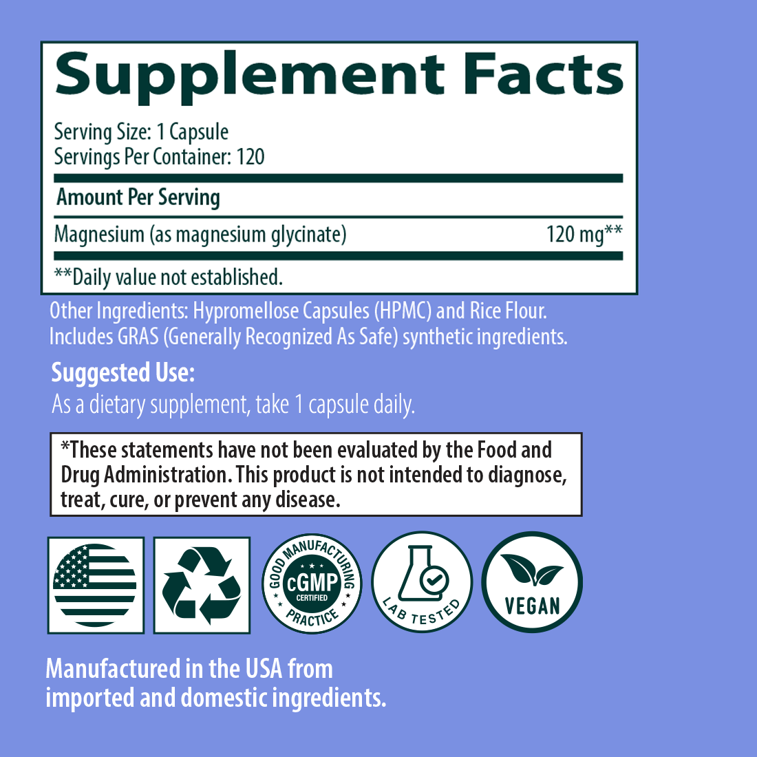 Magnesium Glycinate supplement facts 120 capsules Sanar Naturals gluten free non GMO