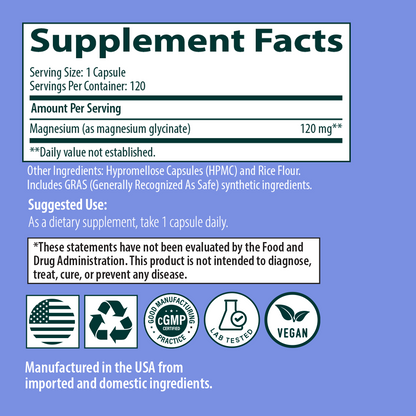 Magnesium Glycinate supplement facts 120 capsules Sanar Naturals gluten free non GMO