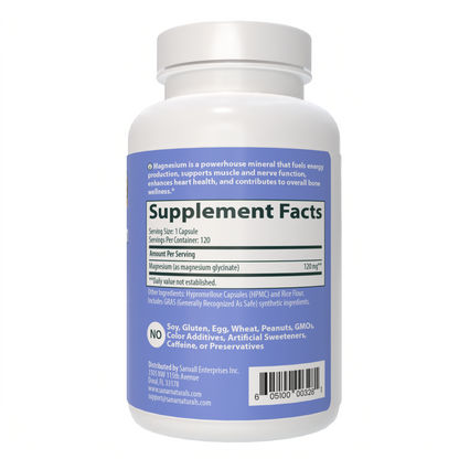 Magnesium Glycinate 120 capsules back label directions and ingredient list Sanar Naturals