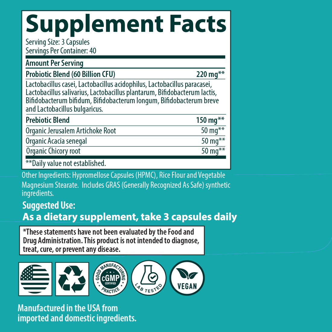 Probiotic supplement facts 120 capsules 60 billion CFU serving size Sanar Naturals
