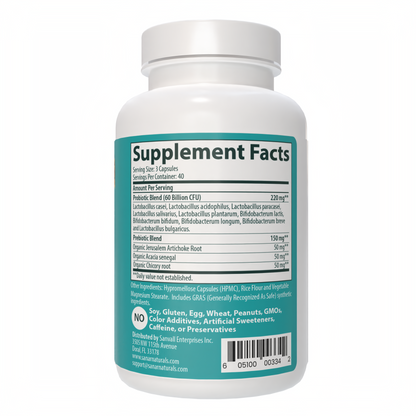 Probiotic 120 capsules back label ingredient list and directions Sanar Naturals