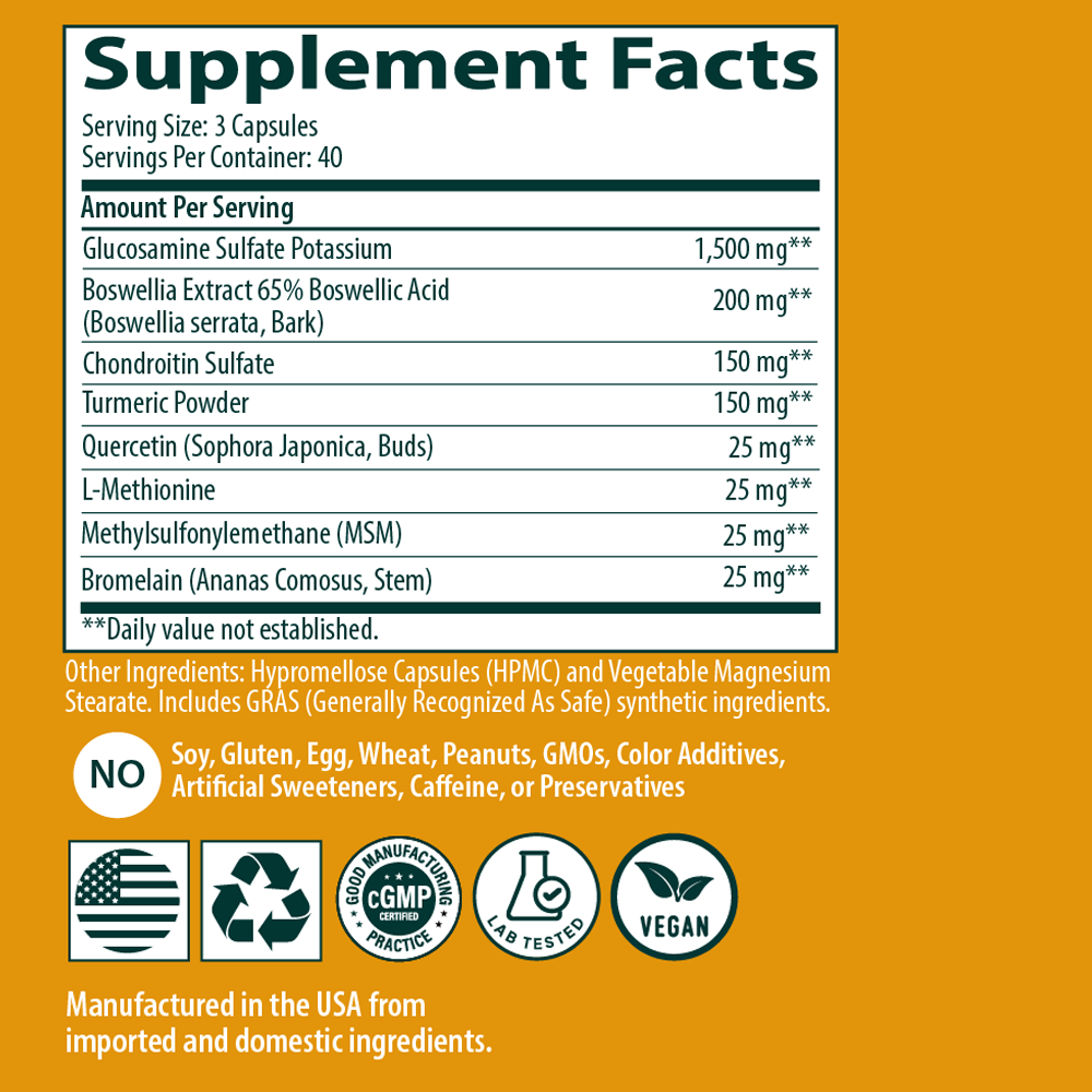 Glucosamine Chondroitin MSM supplement facts 120 capsules Sanar Naturals