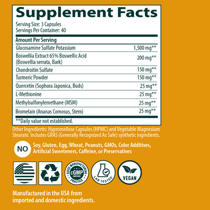 Glucosamine Chondroitin MSM supplement facts 120 capsules Sanar Naturals
